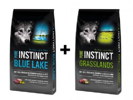 PURE INSTINCT 12kg Grasslands mit Huhn & Lamm, 12kg Blue Lake mit Huhn & Ente