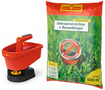 WOLF-Garten WE-B Universal-Streuer + SQ 500 Unkrautvernichter plus Rasendünger 10kg