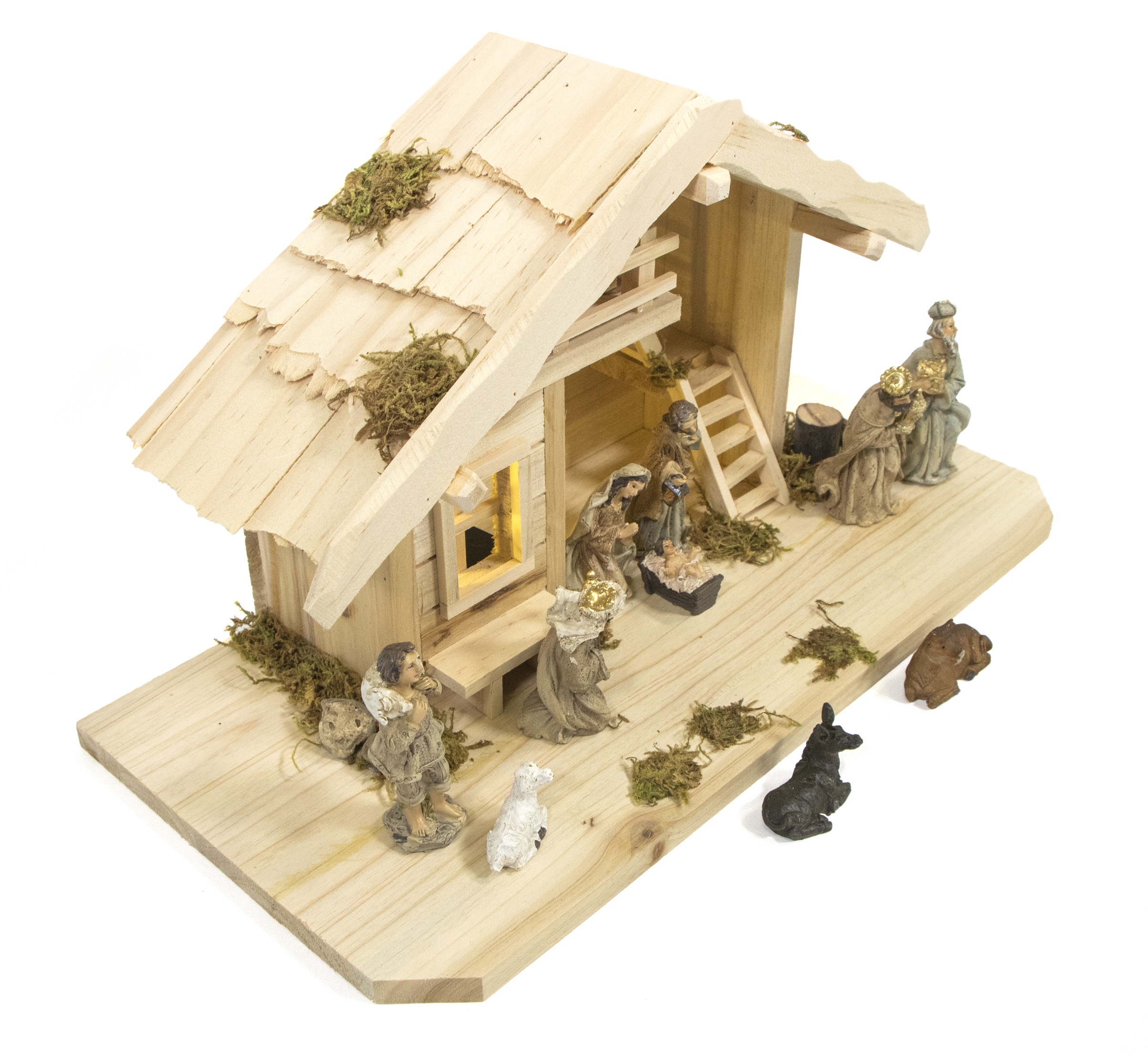 Mgc24 Weihnachtskrippe Aus Holz - Komplettset Mit LED-Beleuchtung & 11 Figuren