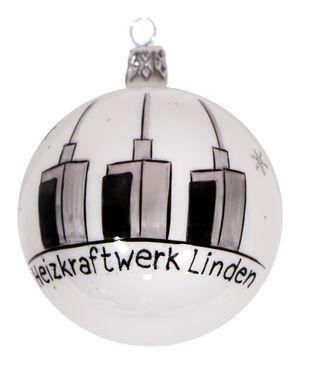 mgc24 Weihnachtskugel Glas handbemalt Ø 8cm - Motiv 'Heizkraftwerk Linden' weiß