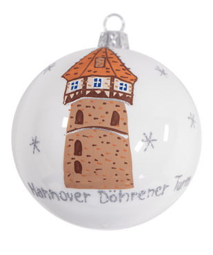mgc24 Weihnachtskugel Glas handbemalt Ø 8cm - Motiv Hannover Döhrener Turm, weiß